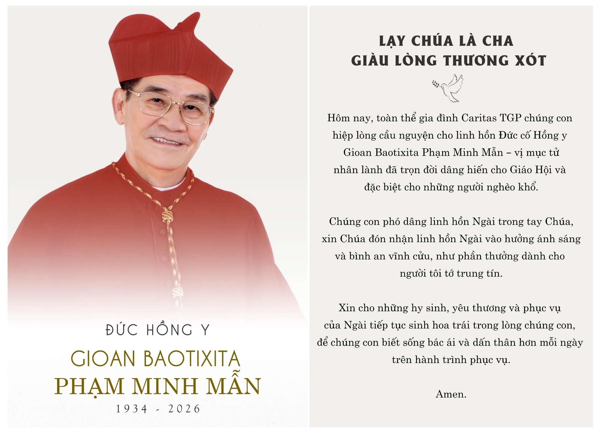 Tưởng niệm và cầu nguyện cho linh hồn Đức Hồng Y Gioan Baotixita Phạm Minh Mẫn (1934–2026)